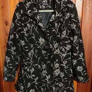 Rue 21 black floral long heavyweight coat with silver accents Size L #warm#cozy